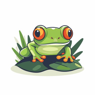 Yeşil bir yaprağın üzerinde oturan sevimli yeşil kurbağa. Vektör illüstrasyonu.