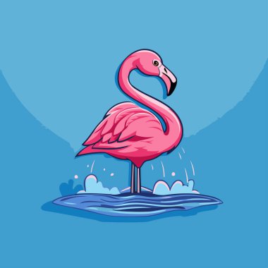 Flamingo suda. Mavi arkaplanda vektör illüstrasyonu.