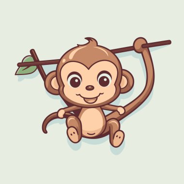 Şirin çizgi film maymunu oturuyor ve elinde bir dal tutuyor. Vektör illüstrasyonu.