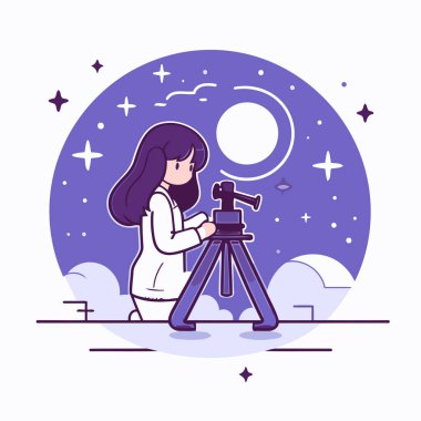 Gece gökyüzünde teleskop kullanan bir kızın vektör çizimi.