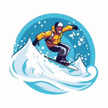 Dalgada kayak yapan bir snowboardcu. Dalgada uçan bir snowboardcunun vektör çizimi.