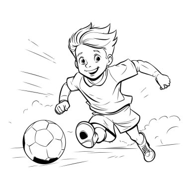 Çizgi filmdeki futbolcu topa vuruyor. Siyah ve beyaz vektör çizimi.