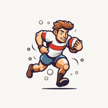Rugby oyuncusu topla koşuyor. Çizgi film tarzında vektör illüstrasyonu.