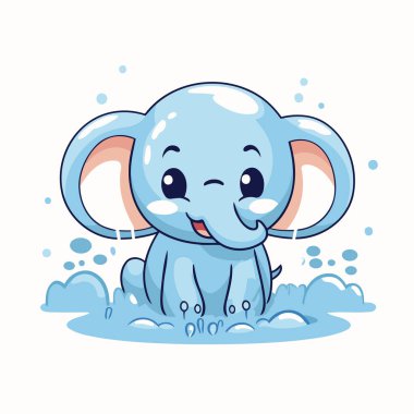 Yağmurda tatlı bir çizgi film fili. Beyaz arkaplanda vektör illüstrasyonu.