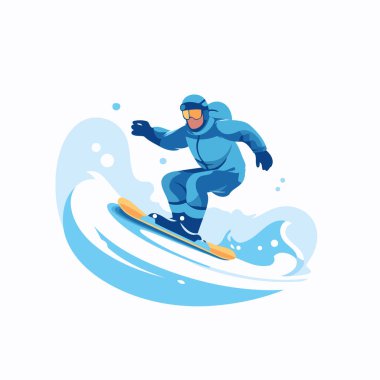 Mavi suya atlayan bir snowboardcu. Kış sporu. Vektör illüstrasyonu