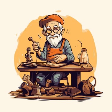 Eski bir zanaatkar atölyesinde çalışıyor. El çizimi vektör illüstrasyonu.