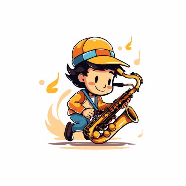 Çizgi filmci çocuk saksafon çalıyor. Beyaz arkaplanda vektör illüstrasyonu.