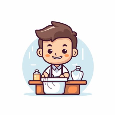 Mutfakta bulaşık yıkayan sevimli bir çocuk. vektör illüstrasyonu.