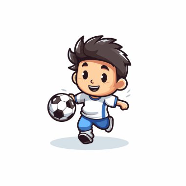 Beyaz arka planda futbol çizgi film karakteri illüstrasyonu oynayan çocuk.