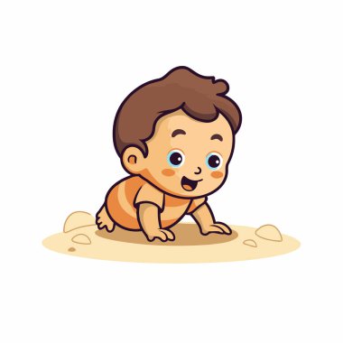 Kumsalda oynayan tatlı bir erkek bebek. Vektör çizgi film illüstrasyonu.