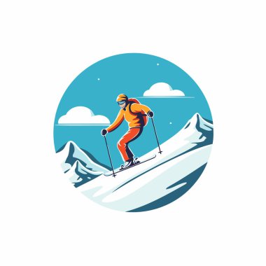 Dağlarda kayakçı. Aşırı kış sporu. Vektör illüstrasyonu.
