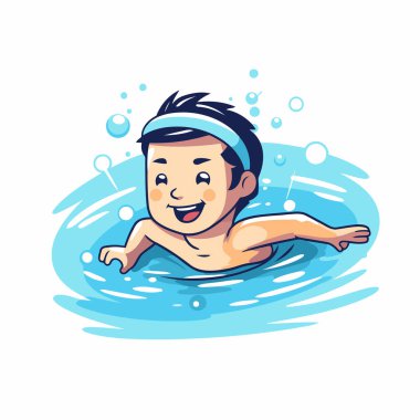 Havuzda yüzen şirin bir çocuk. çizgi film vektör illüstrasyonu.