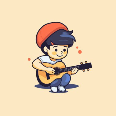 Gitar çalan çizgi film çocuğu. Vektör çizimi. Sevimli çizgi film karakteri..