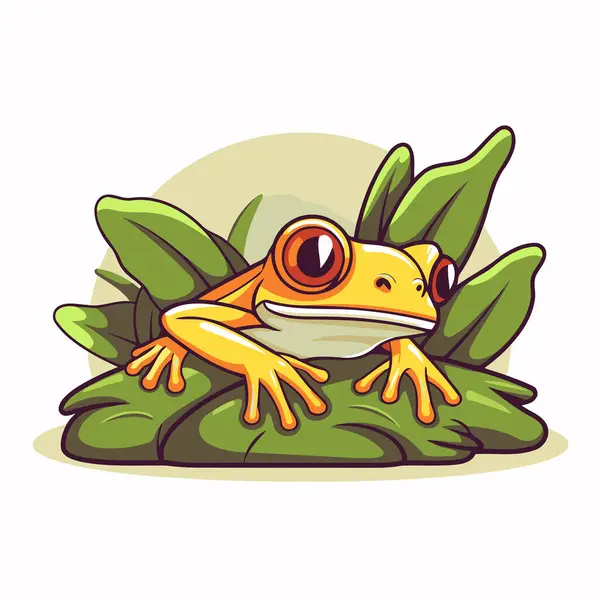Frog Cartoon Character Sitting Green Leaves Vector Illustration Isolated White — Stock Vector
