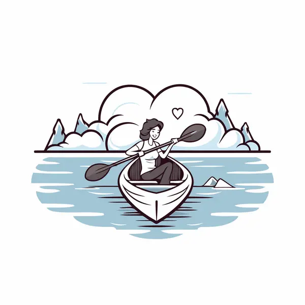 Vektorillustration Eines Mannes Der Ein Boot Auf Dem See Rudert — Stockvektor