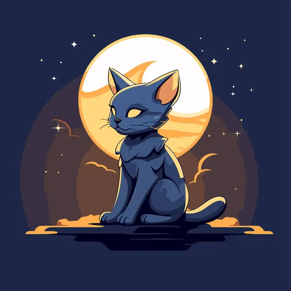 Vektorová Ilustrace Kočky Sedící Měsíčním Světle Noci — Stockový vektor
