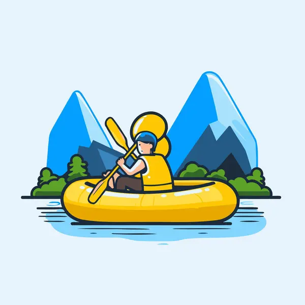 Homme Kayak Sur Lac Illustration Vectorielle Style Plat — Image vectorielle