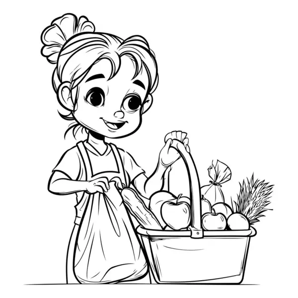 Cute Little Girl Basket Fruits Vegetables Vector Illustration — Stock Vector