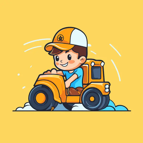 Chłopiec Kreskówki Bawiący Się Traktorem Ilustracja Wektora Konstrukcji Płaskiej — Wektor stockowy