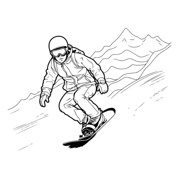 Snowboardista Skákající Horách Kreslit Vektorovou Grafiku Monochromaticky — Stockový vektor