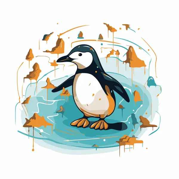 Χαριτωμένος Πιγκουίνος Στον Πάγο Εικονογράφηση Διάνυσμα Στυλ Κινουμένων Σχεδίων — Διανυσματικό Αρχείο