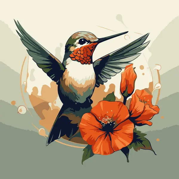 Koliber Kwiatami Wektor Ilustracja Kolibra — Wektor stockowy