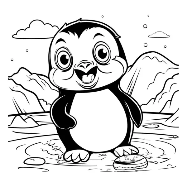 Černobílé Kreslené Ilustrace Roztomilého Tučňáka Zvířecí Znak Pro Omalovánky — Stockový vektor