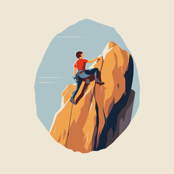 Man climbing on a rock. Vector illustration in flat design style.