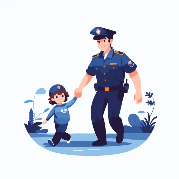 Poliziotto Bambino Padre Figlio Uniforme Della Polizia Illustrazione Vettoriale Piatto — Vettoriale Stock
