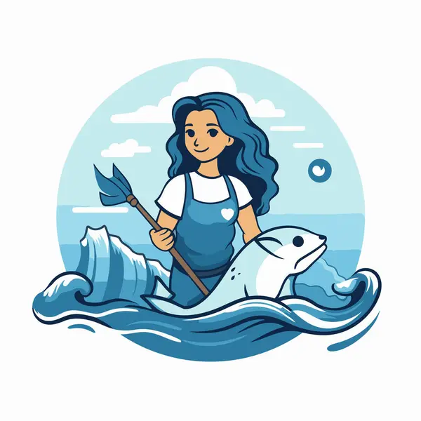 Girl Boat Fish Vector Illustration Cartoon Style — Stock Vector