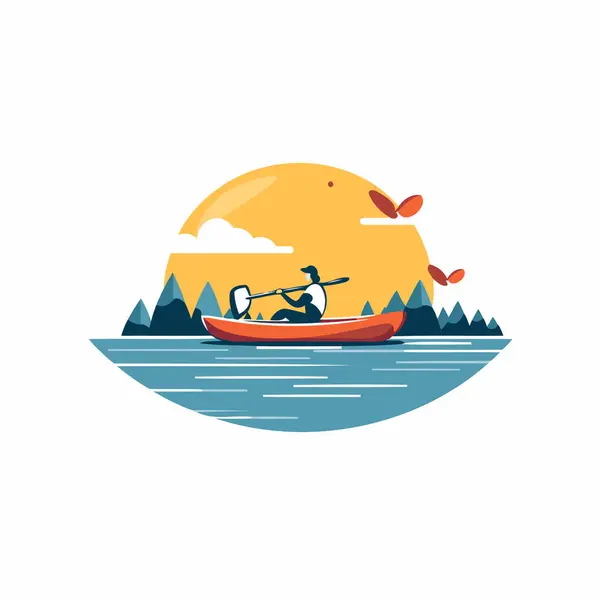 Kayaking River Flat Style Vector Illustration White Background — Stock Vector