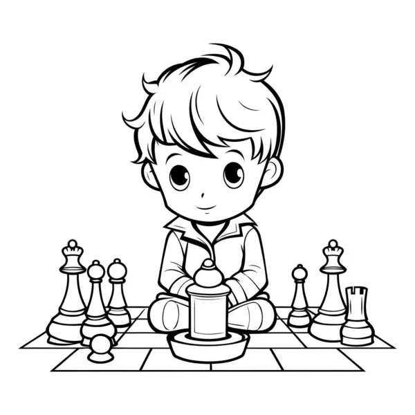 Boy Playing Chess Black White Vector Illustration Coloring Book — Stock Vector