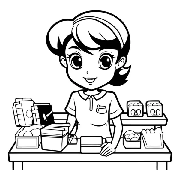 Ilustración Dibujos Animados Blanco Negro Asia Girl Shopping Tienda Comestibles — Archivo Imágenes Vectoriales