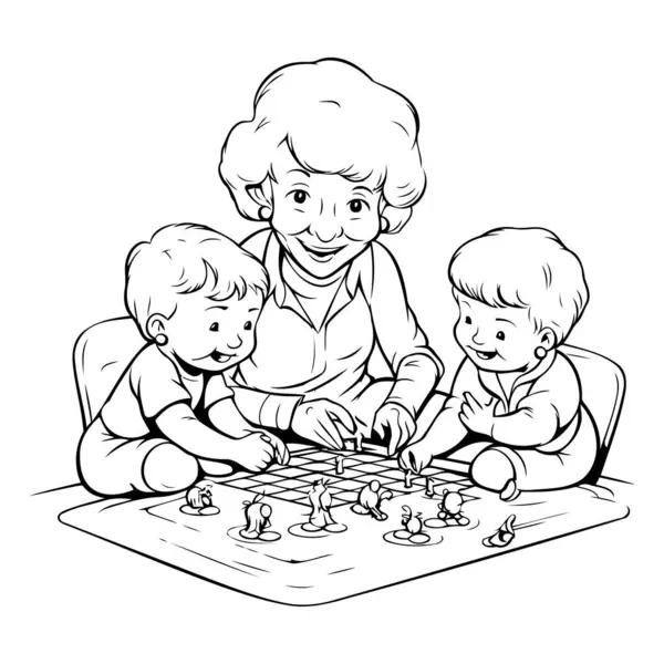 Grandmother Playing Chess Her Grandchildren Black White Vector Illustration — Stock Vector