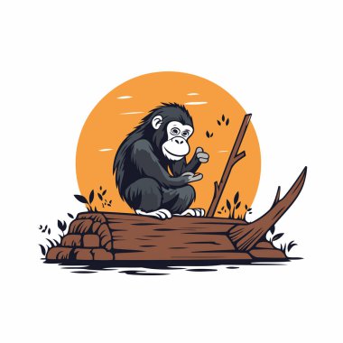 Şempanze ahşap bir kütüğün üzerinde oturuyor. Vektör illüstrasyonu.