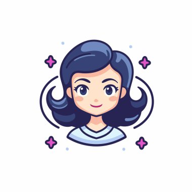 Siyah saçlı, sevimli çizgi film kızı. Vektör illüstrasyonu beyaz arkaplanda izole edildi.