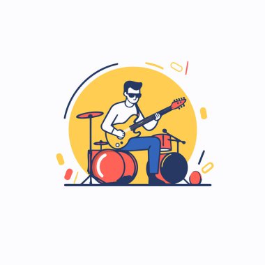 Düz çizgi şeklinde vektör illüstrasyonu. Gitar ve davul çalan müzisyen.