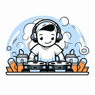 Hoş çocuk DJ pikapta müzik çalıyor. Vektör illüstrasyonu.