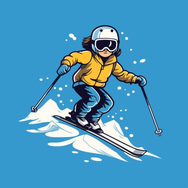 Snowboardcu kayakçı vektör çizimi. Mavi arkaplanda kış sporu simgesi izole edildi.
