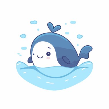 Okyanusta yüzen sevimli mavi balina çizgi filmi. Vektör illüstrasyonu.