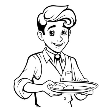 Siyah ve Beyaz Garson Çizgi Filmi Bir Tabak Yemek Tutarken