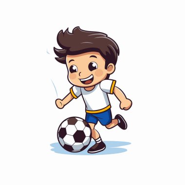 Çizgi filmci çocuk beyaz arka planda izole bir şekilde futbol oynuyor. Vektör illüstrasyonu.