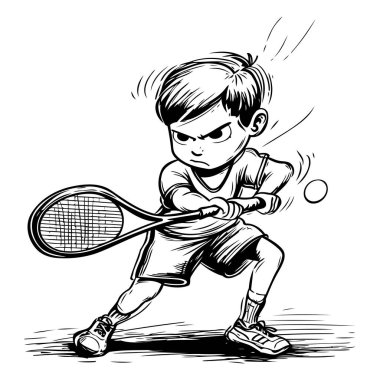 Tenis oynayan küçük çocuk. Tenis oynayan bir çocuğun vektör çizimi.