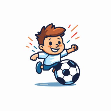 Futbol çizgi filminde vektör çizimi yapan sevimli çocuk. Beyaz arkaplanda izole.