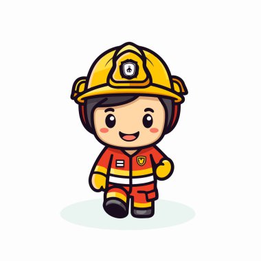 Şirin itfaiyeci çizgi film karakteri. Vektör çizimi. Tatlı çizgi film itfaiyecisi..
