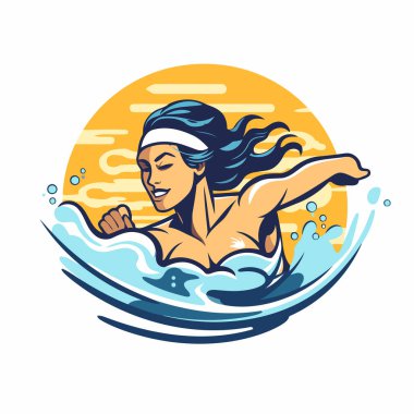 Denizde su sıçratan bir kadının vektör çizimi.