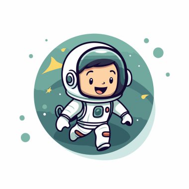 Uzay giysisi içinde sevimli bir astronot. Çizgi film astronotunun vektör çizimi.