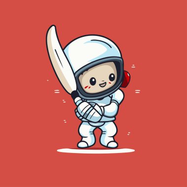 Elinde kılıç olan sevimli bir astronot. Vektör illüstrasyonu.