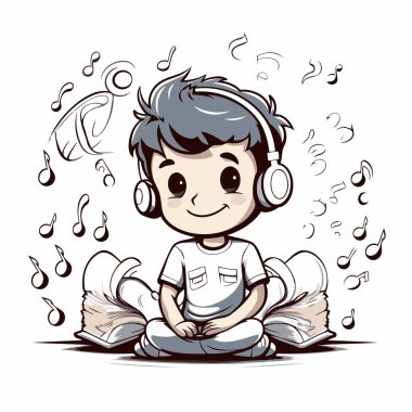 Kulaklıkla müzik dinleyen şirin bir çocuk. Vektör illüstrasyonu.