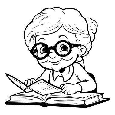 Büyükanne Okuma Kitabı - Siyah ve Beyaz Çizgi Film İllüstrasyonu. Vektör
